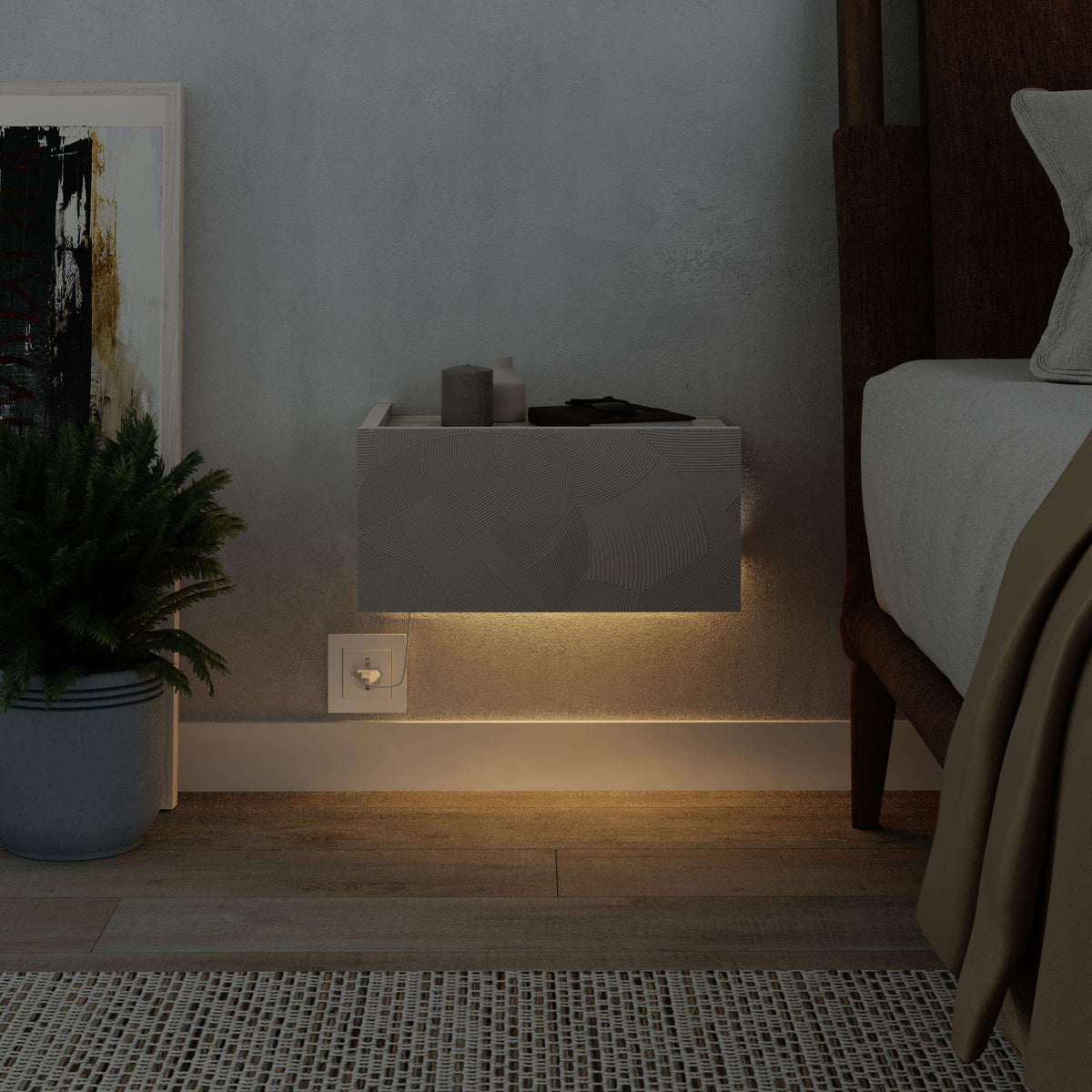 Wall-mounted nightstand with drawer and warm LED glow under the unit