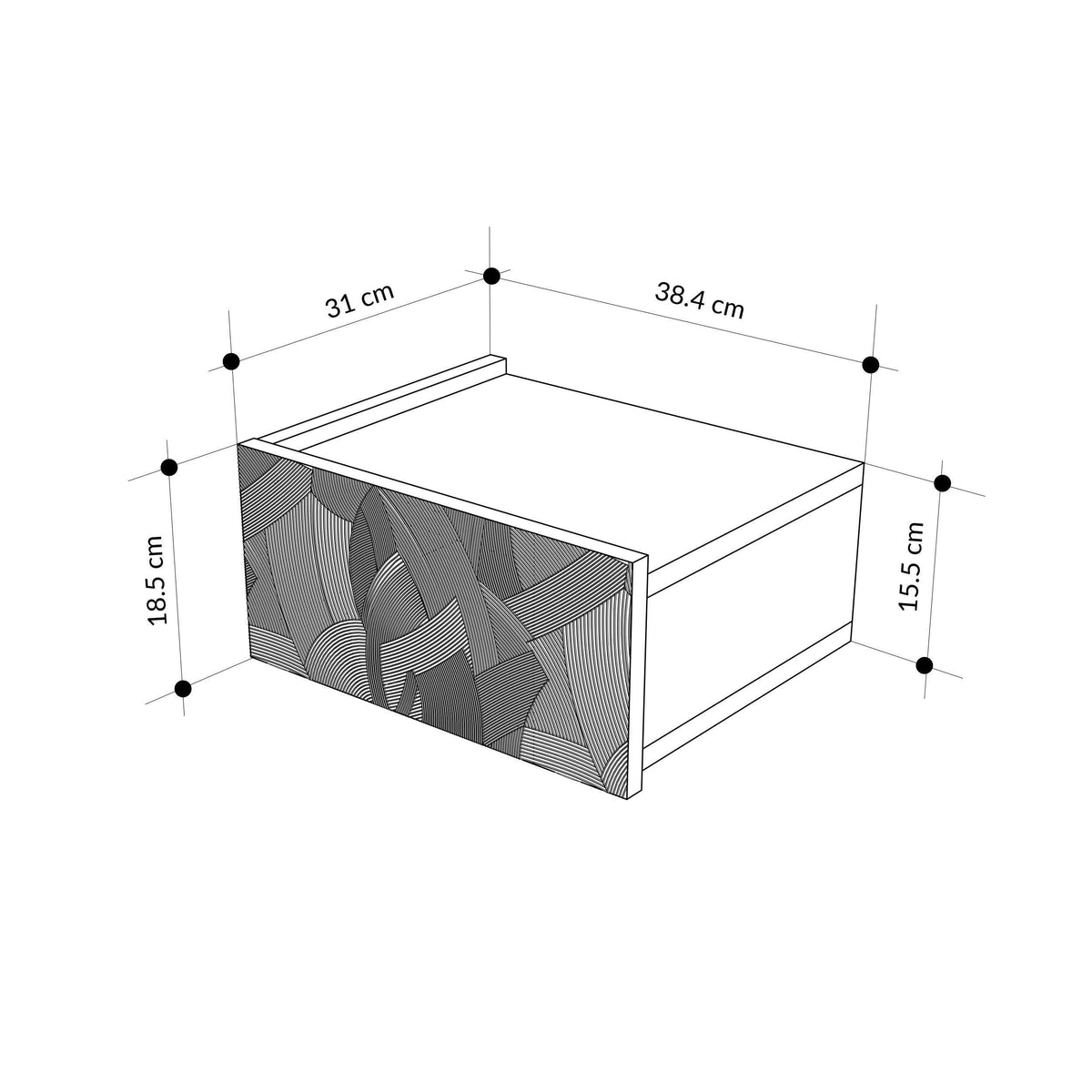 Wall-mounted nightstand with drawer, labeled size diagram (dimensions in cm)