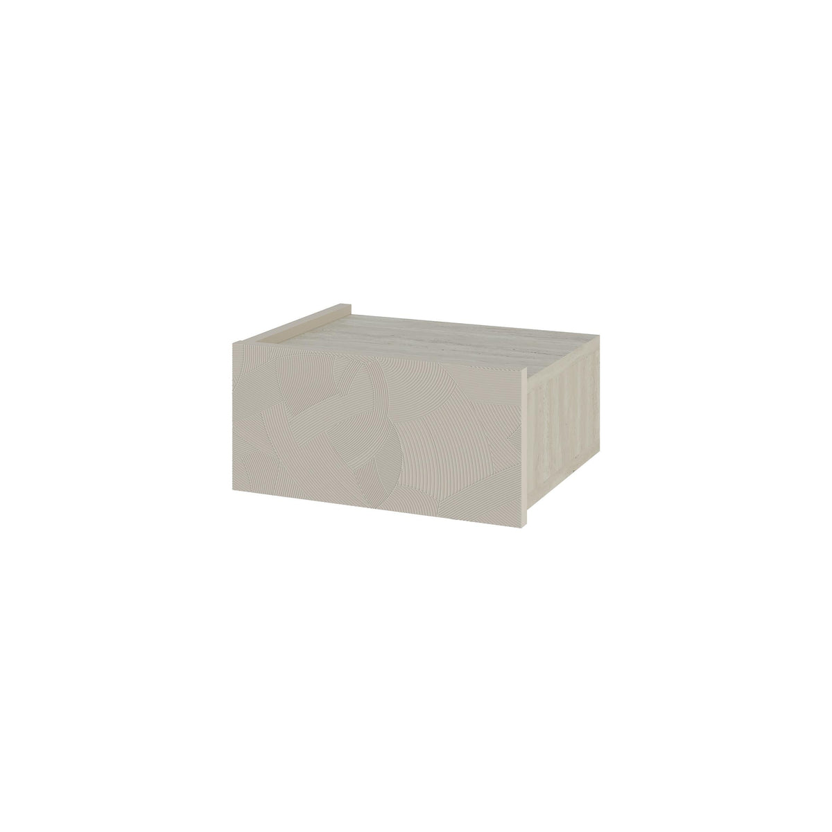 Wall-mounted nightstand with drawer, light stone-toned finish, front geometric motif