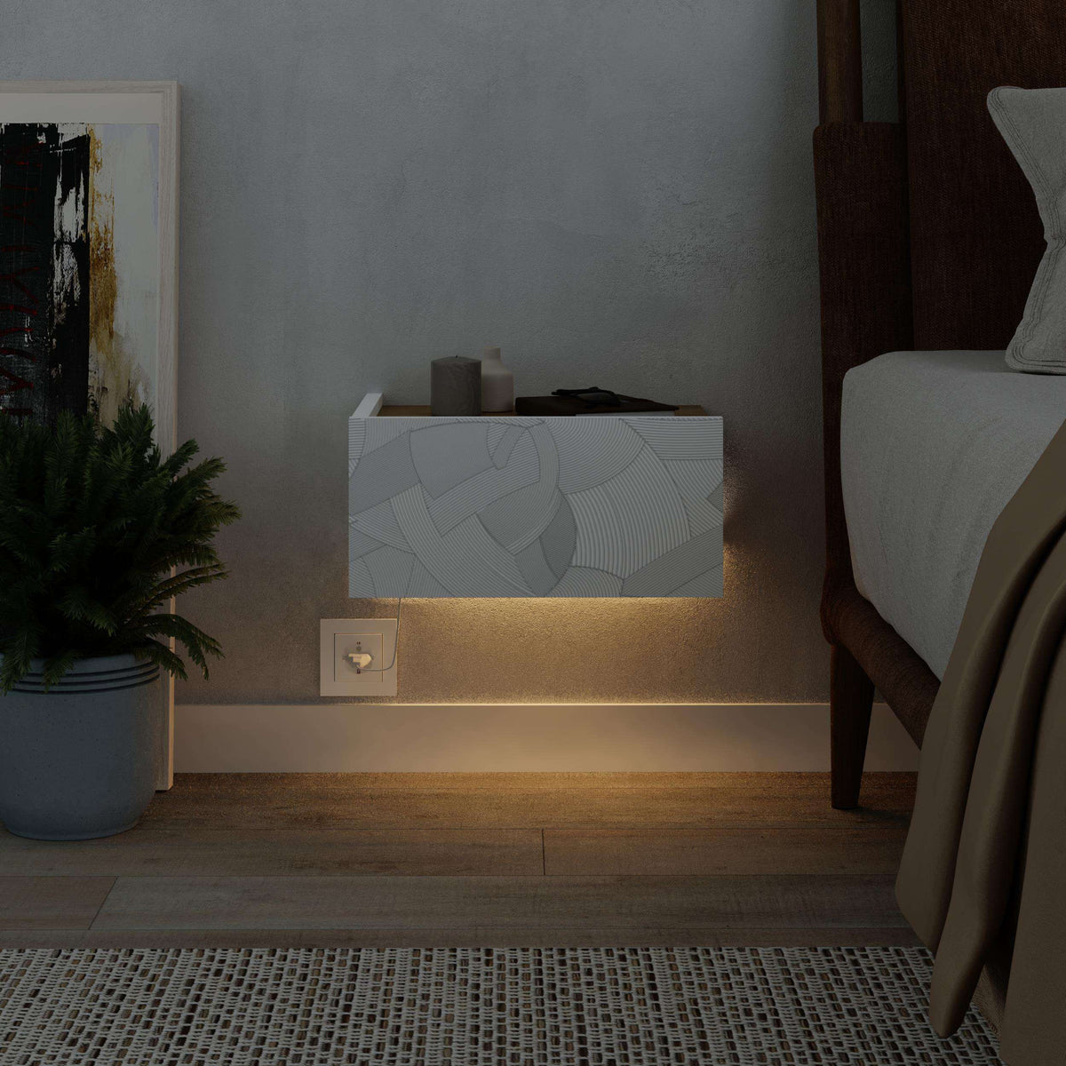 White wall-mounted nightstand with glowing LED strip under cabinet