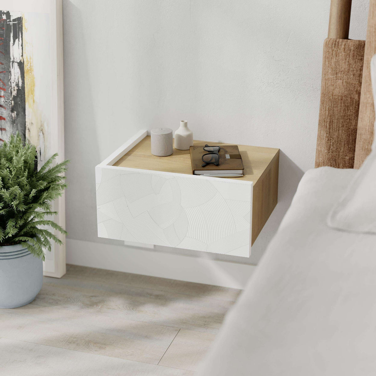 Wall-mounted nightstand with white drawer front and open top shelf, oak sides