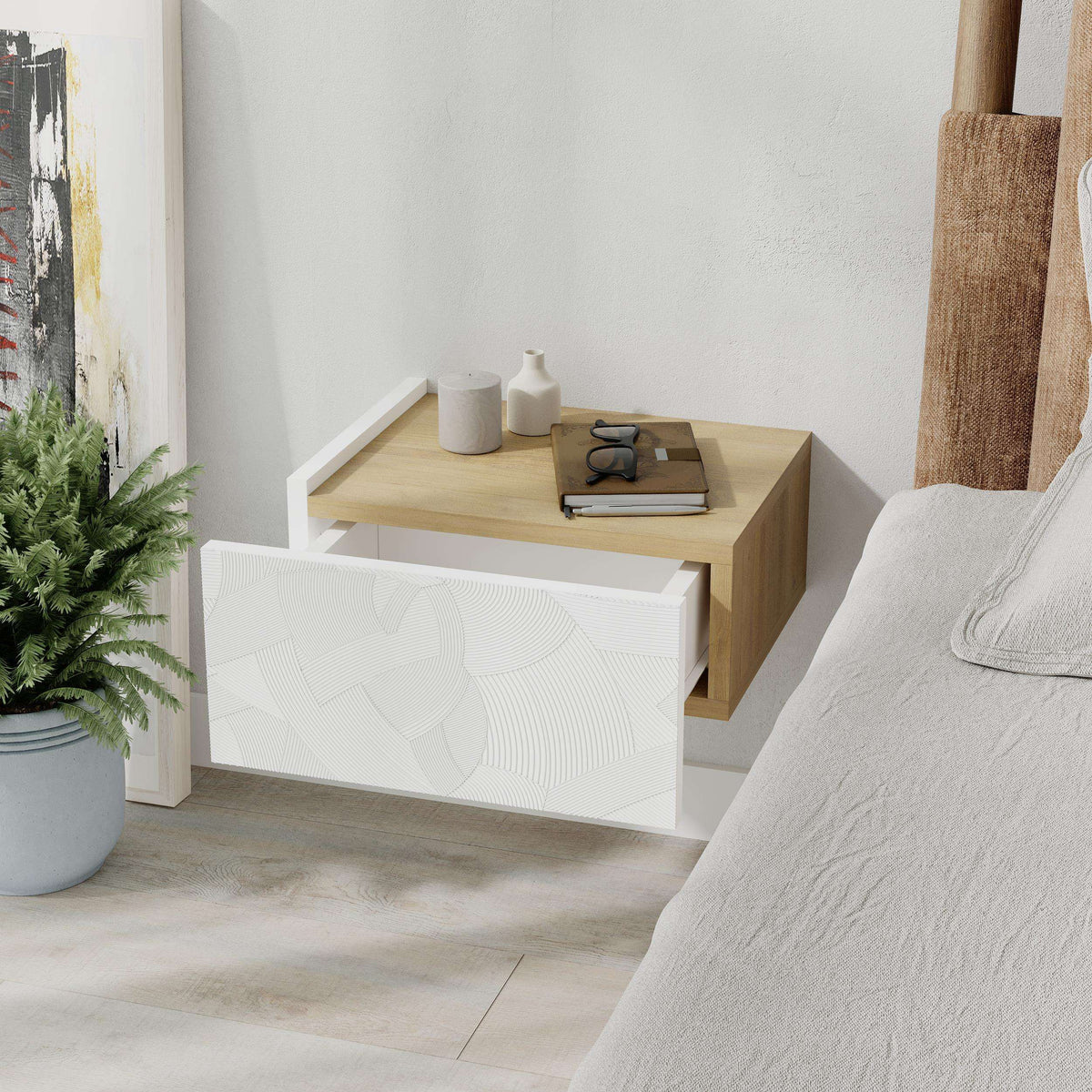 Wall-mounted nightstand with white drawer front, oak shelf, and open top