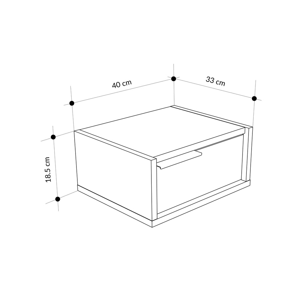 Floating bedside table with drawer dimensions diagram: 40cm x 33cm x 18.5cm