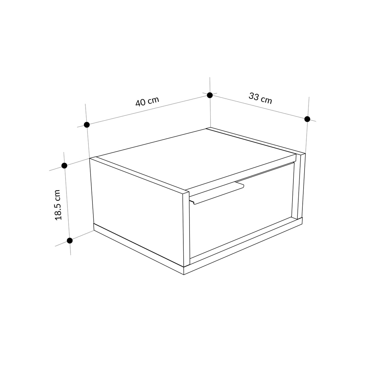 Floating bedside table with drawer dimensions diagram: 40cm x 33cm x 18.5cm