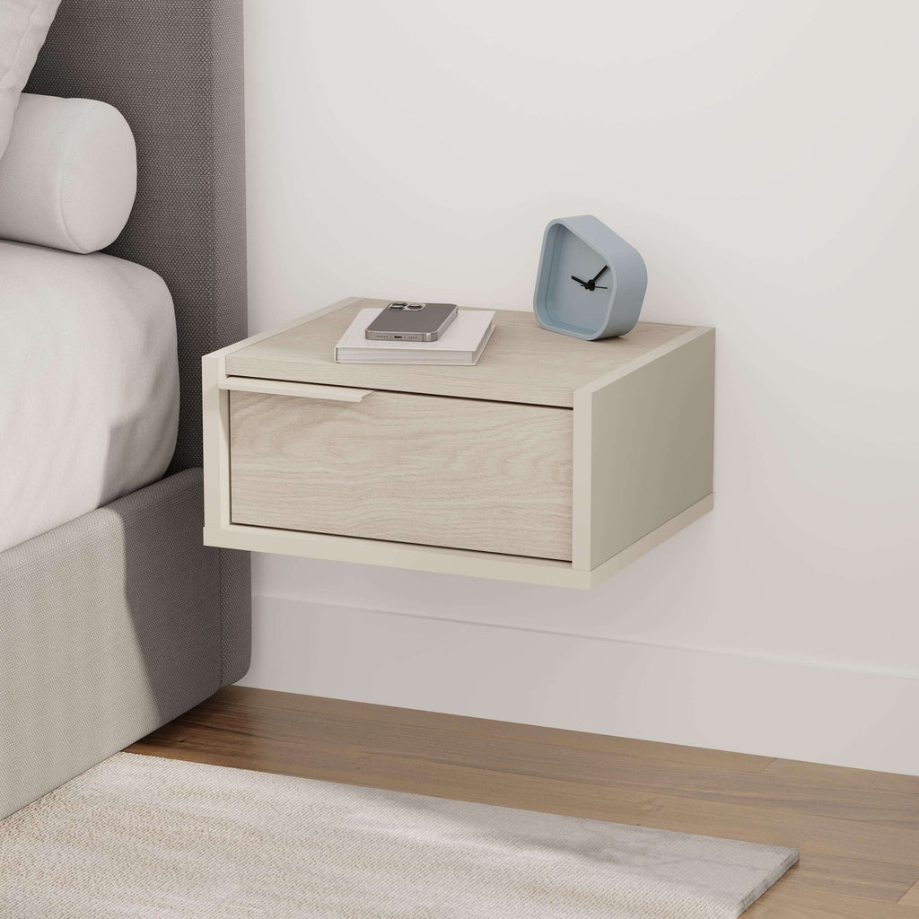 Floating bedside table with drawer, light cabinet with pale blue drawer front