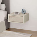 Floating bedside table with drawer, light cabinet with pale blue drawer front