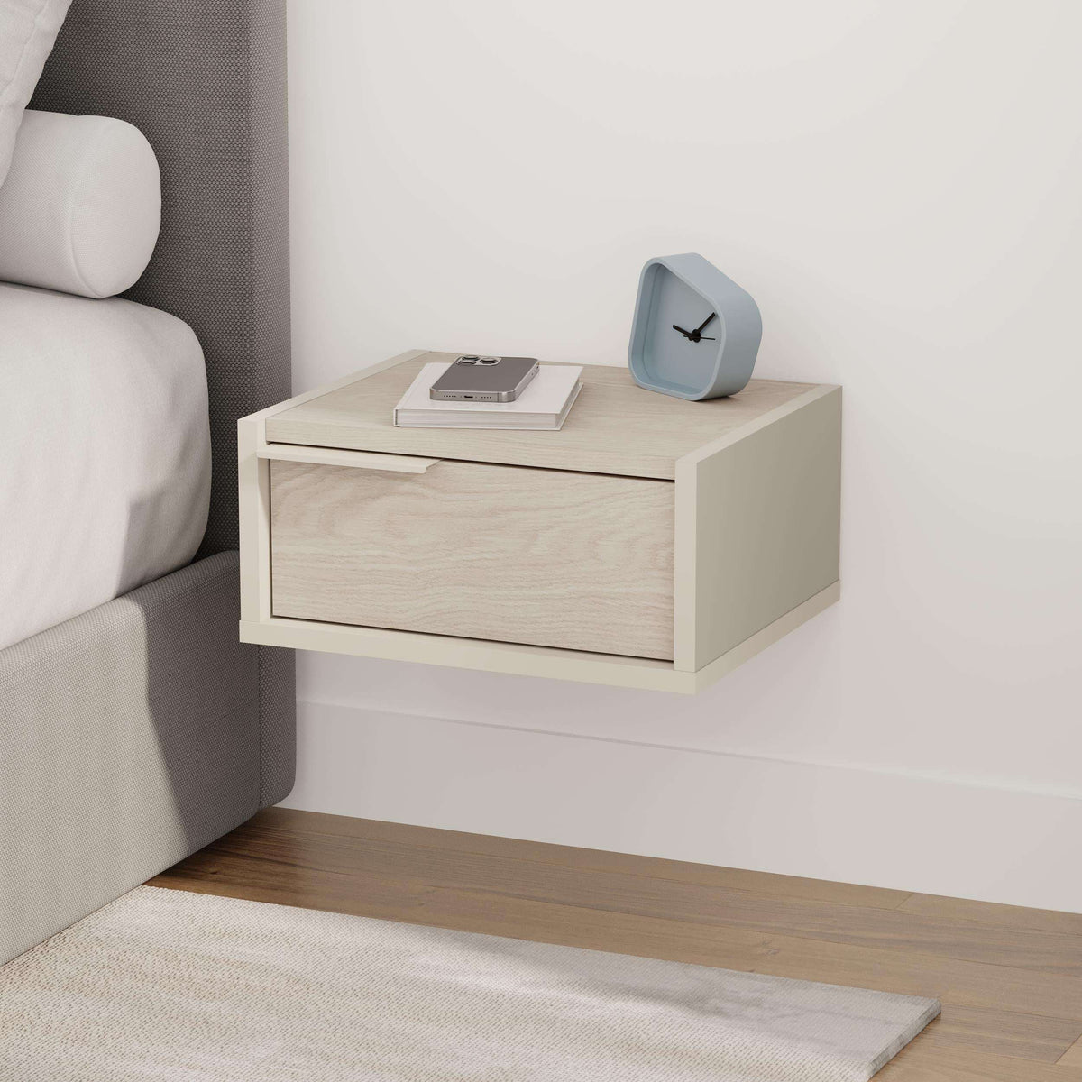 Floating bedside table with drawer, light cabinet with pale blue drawer front