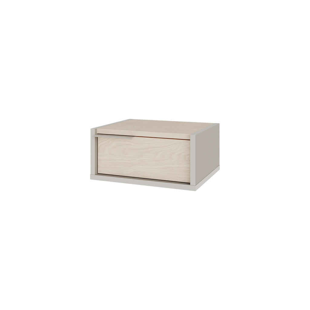 Floating bedside table with drawer, light wood finish on all sides