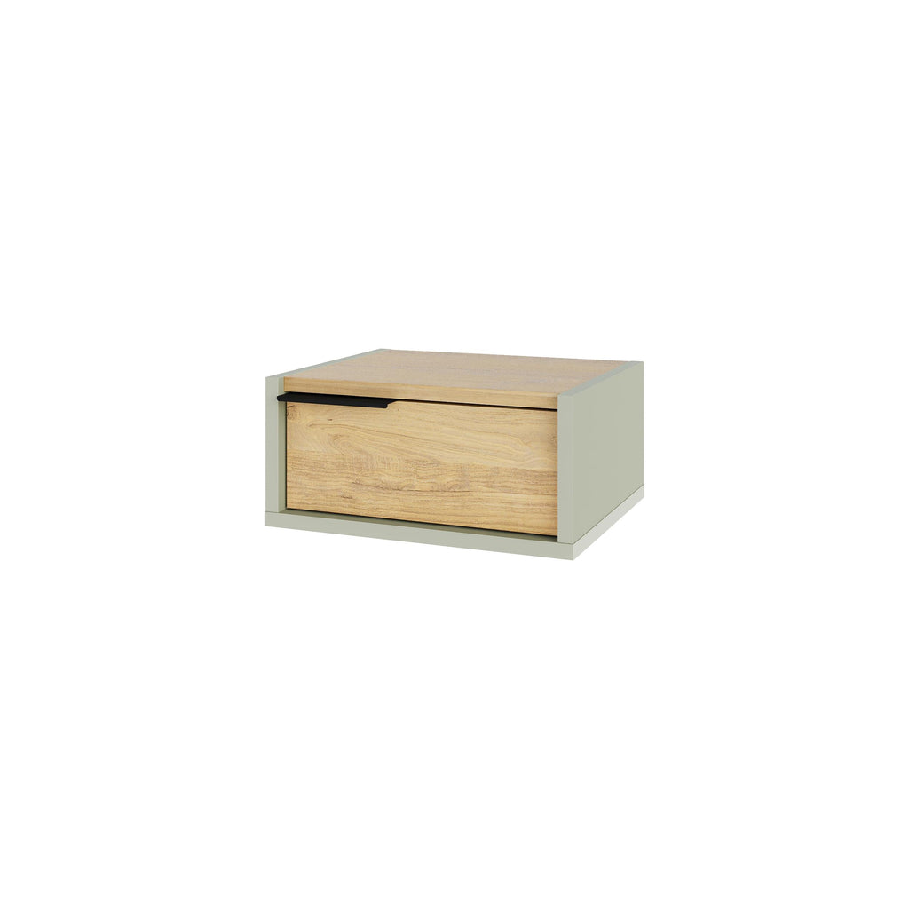 Floating bedside table with drawer, light wood front with light green side panels