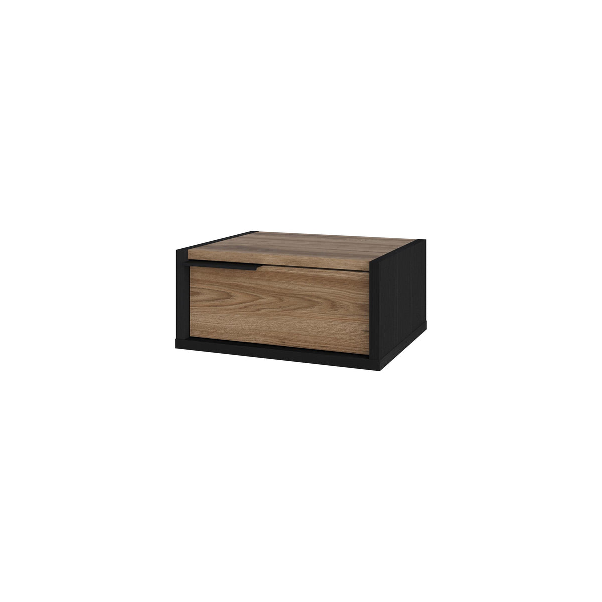 Floating bedside table with drawer, dark wood frame and medium-brown wood drawer front
