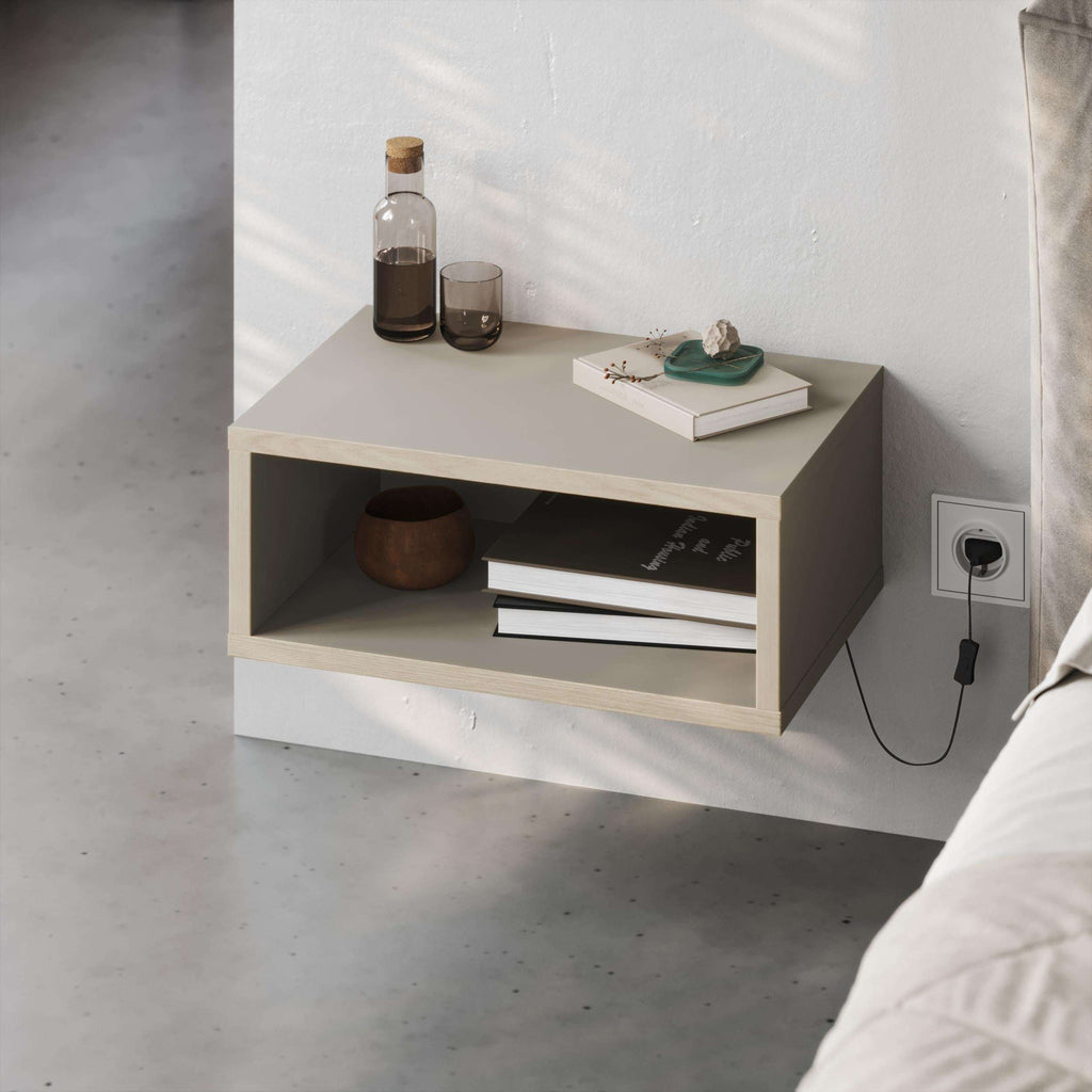 Floating wall-mounted bedside table with open shelf and light sand-colored cabinet