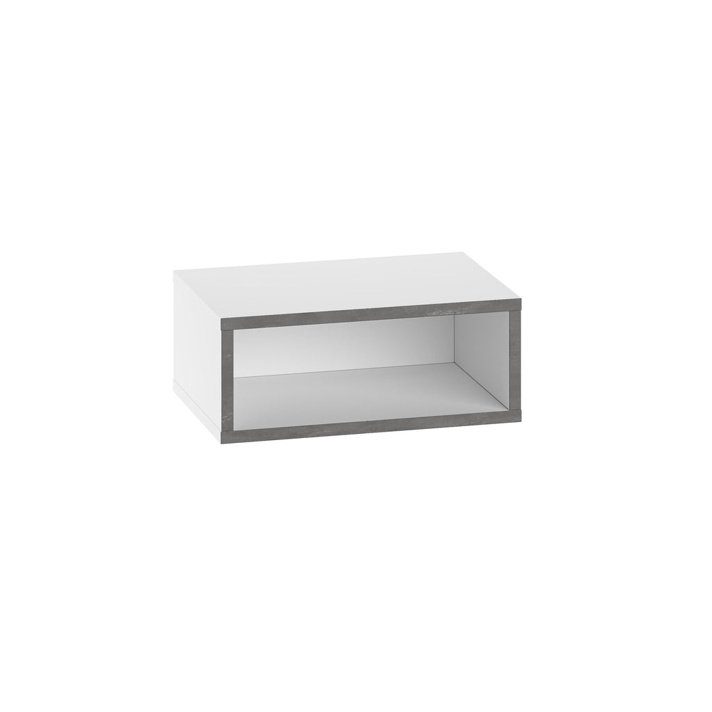 Floating wall-mounted nightstand with open front compartment in white and grey interior