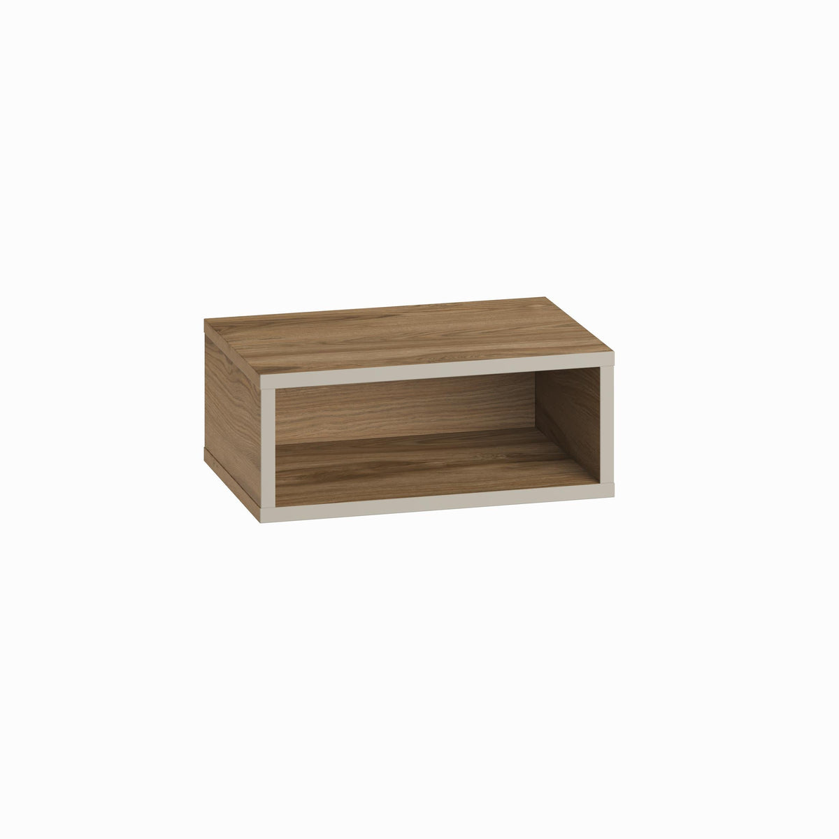 Floating wall-mounted bedside table with open front compartment in warm brown wood