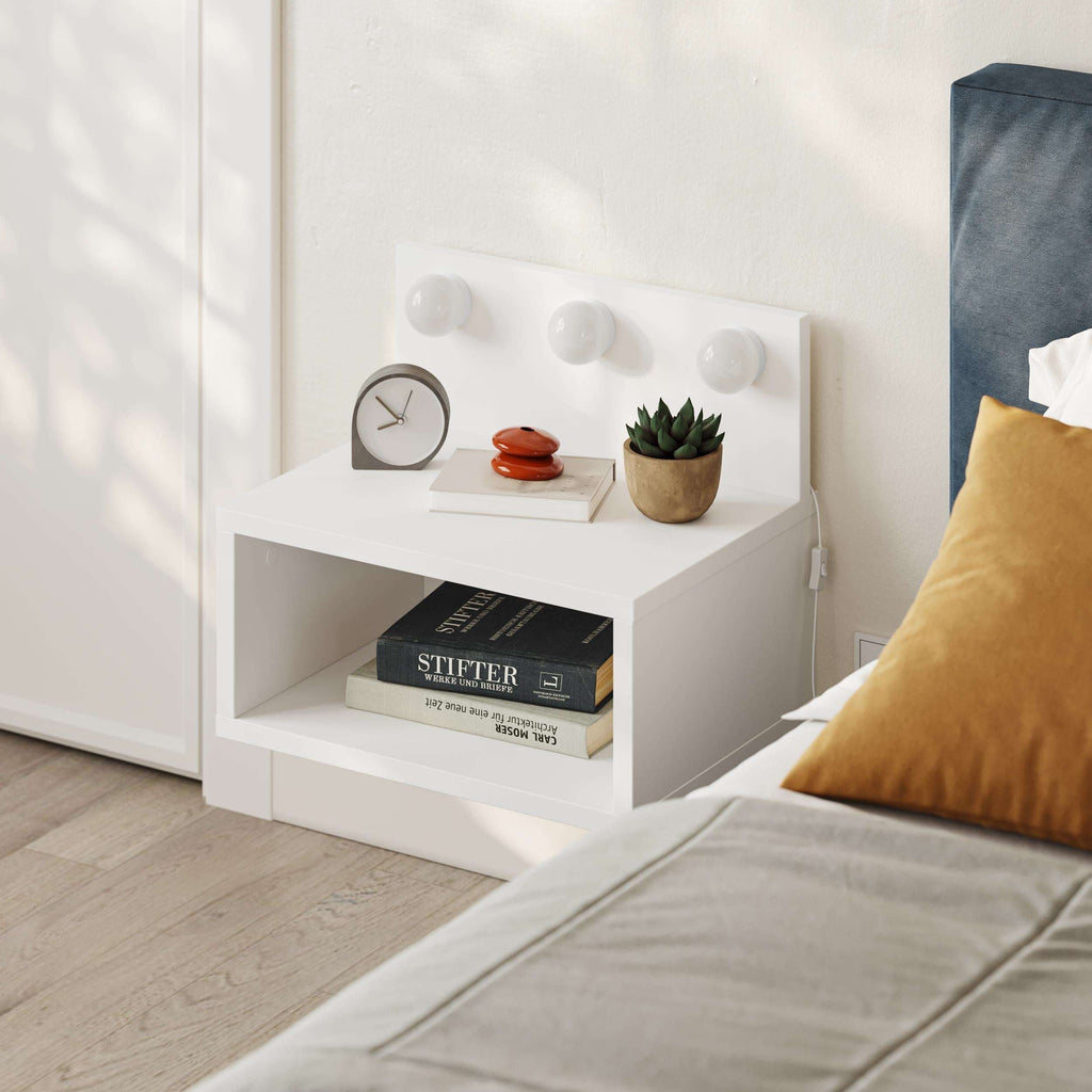 Wall-mounted nightstand with LED lights, white finish, open shelf and side storage.