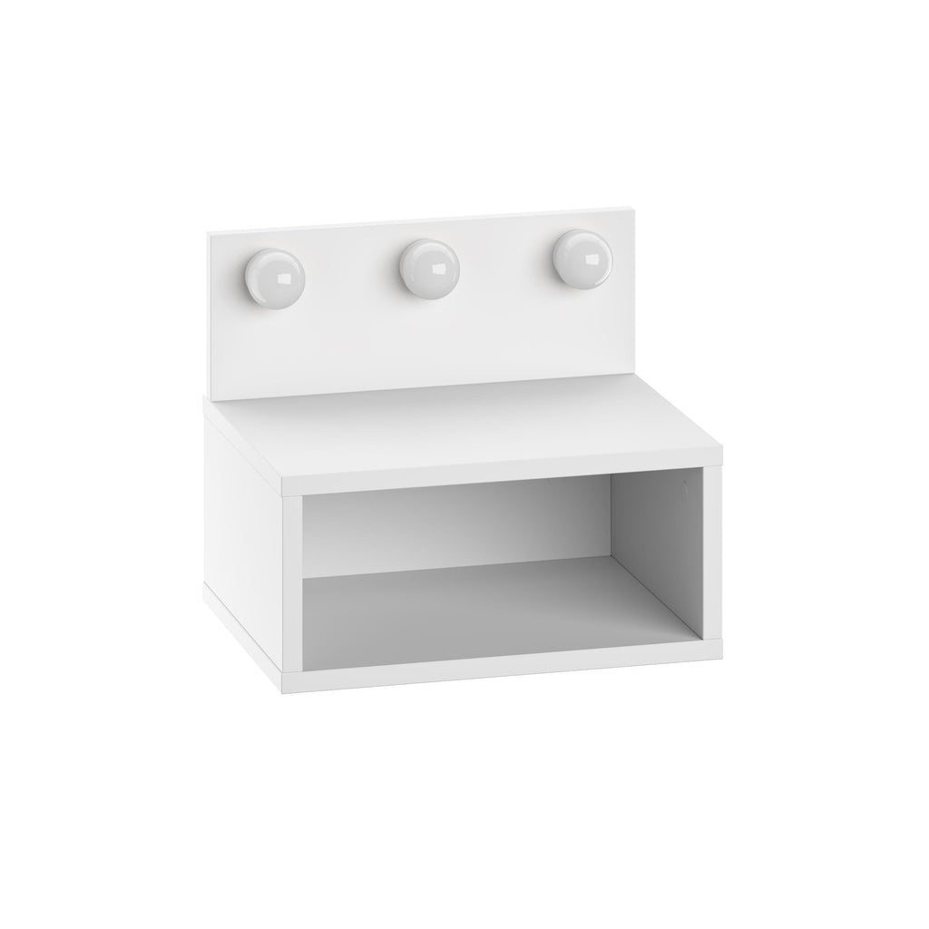 Wall-mounted nightstand with LED lights, white finish, open cabinet with three round light heads.