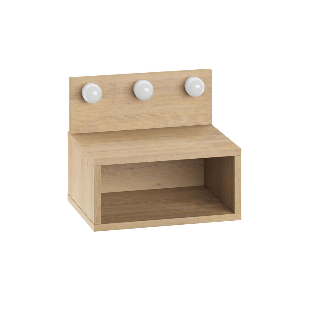 Wall-mounted nightstand with LED lights, natural wood finish, open cabinet with three light knobs.