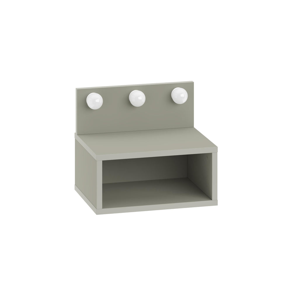 Wall-mounted nightstand with LED lights, light gray-green finish, open shelf and three round LEDs.