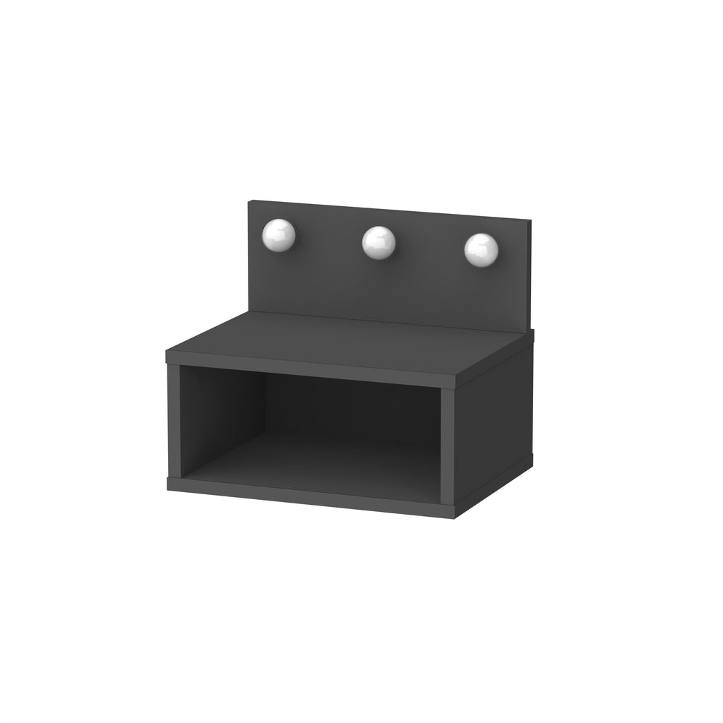 Wall-mounted nightstand with LED lights, anthracite finish, open cabinet with three round LED bulbs.