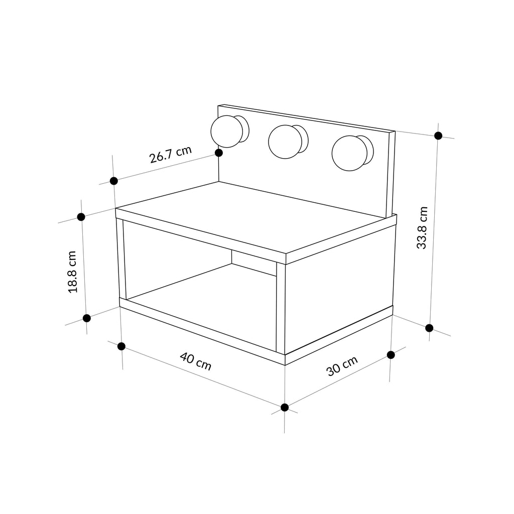 Wall-mounted nightstand size diagram with two shelves and LED light openings
