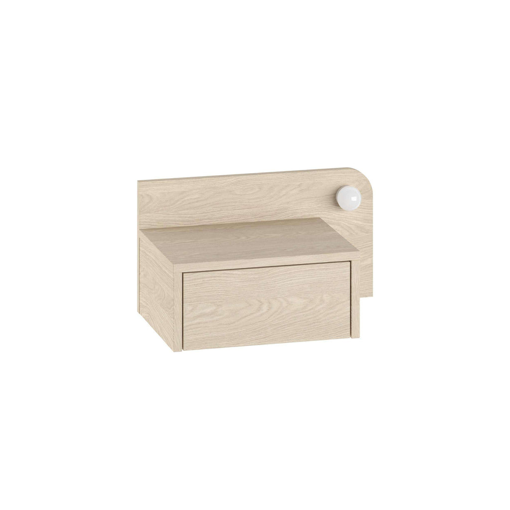 Light oak wall mounted floating nightstand with open shelf and rounded side knob.