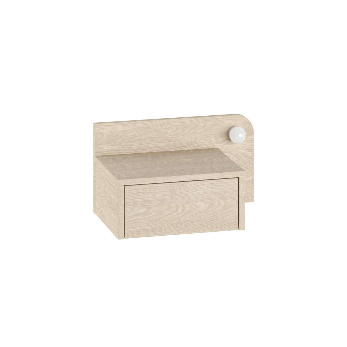 Light oak wall mounted floating nightstand with open shelf and rounded side knob.