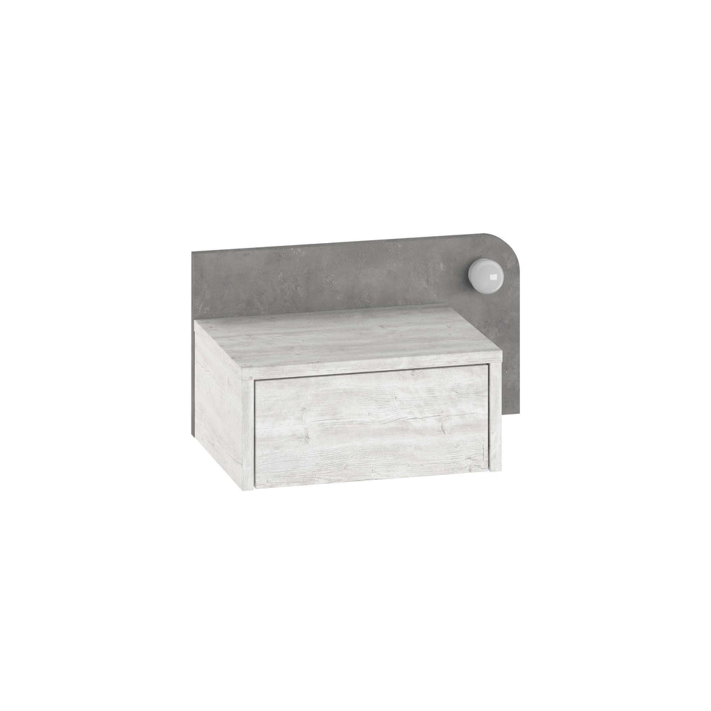 Gray wall mounted floating nightstand with open shelf and rounded side knob.