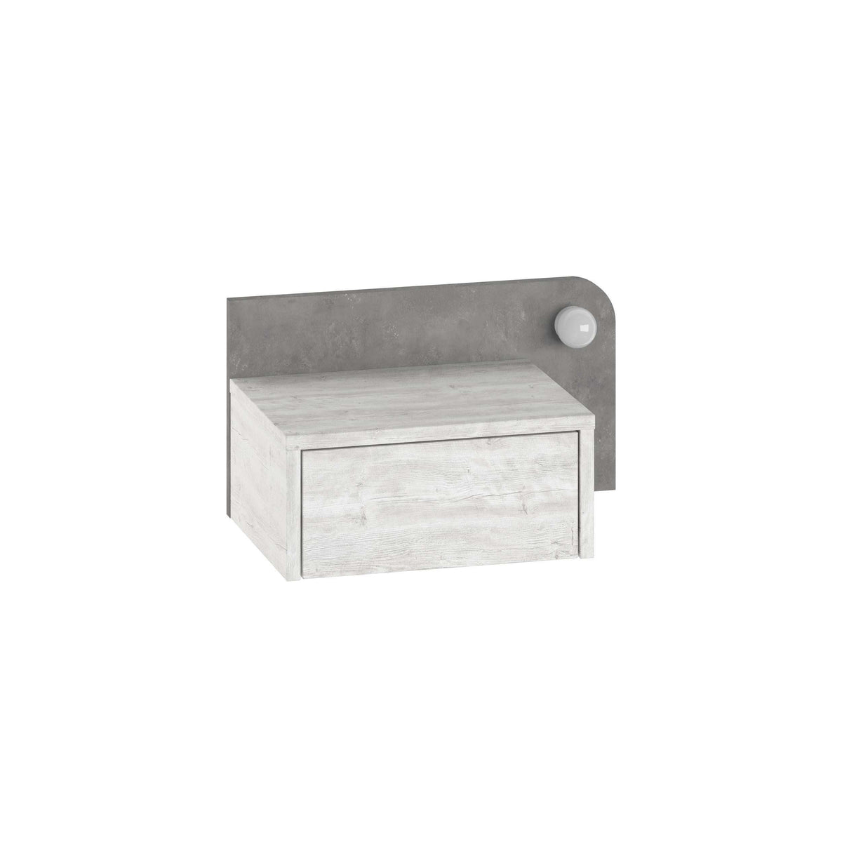 Gray wall mounted floating nightstand with open shelf and rounded side knob.