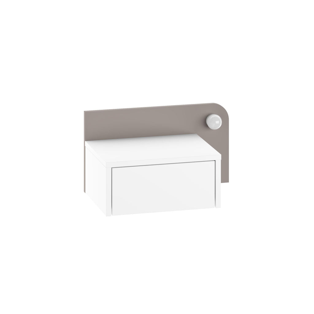 White wall mounted floating nightstand with open shelf and rounded side knob.