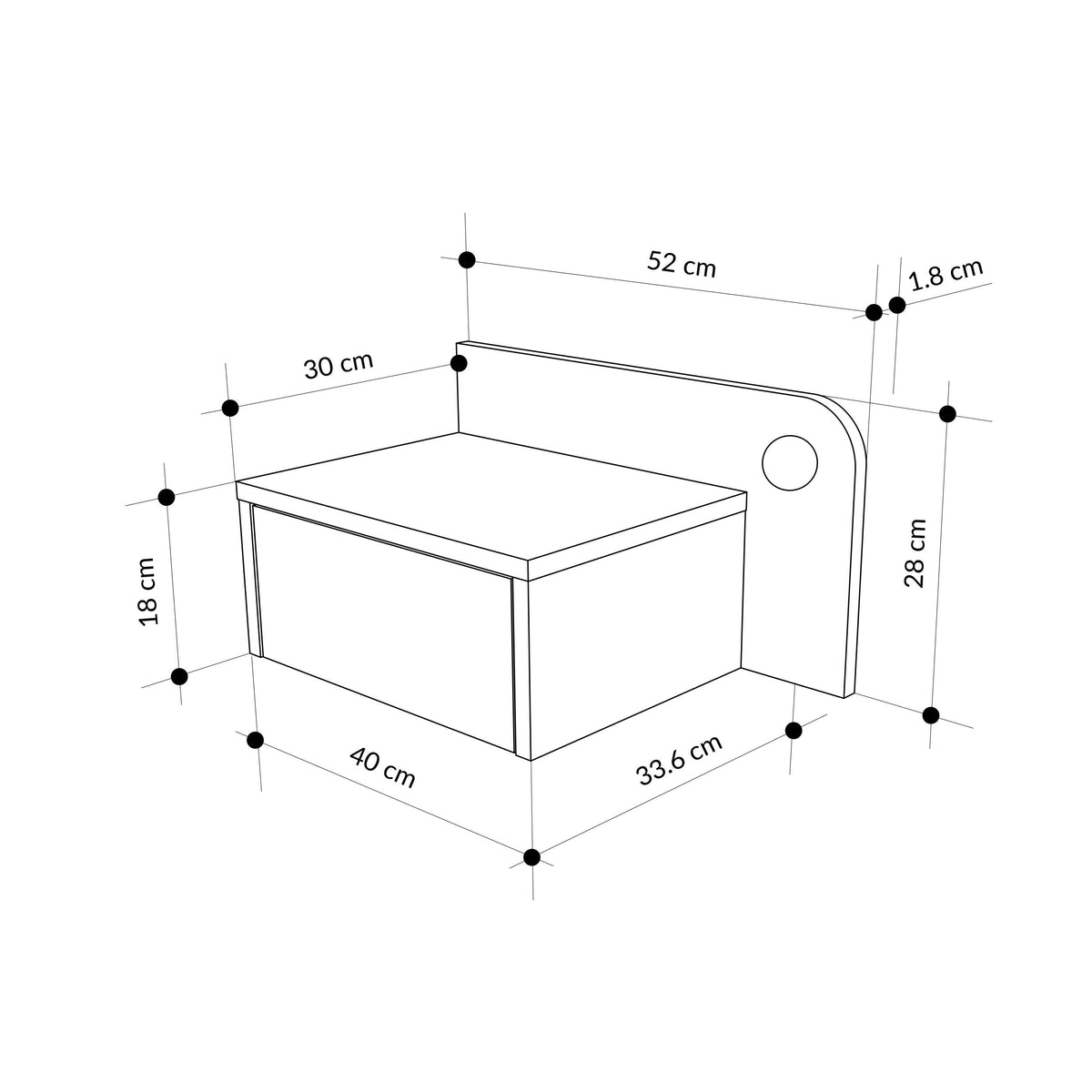 Wall mounted bedside table with dimensions: 40 cm wide, 52 cm long, 28 cm high.