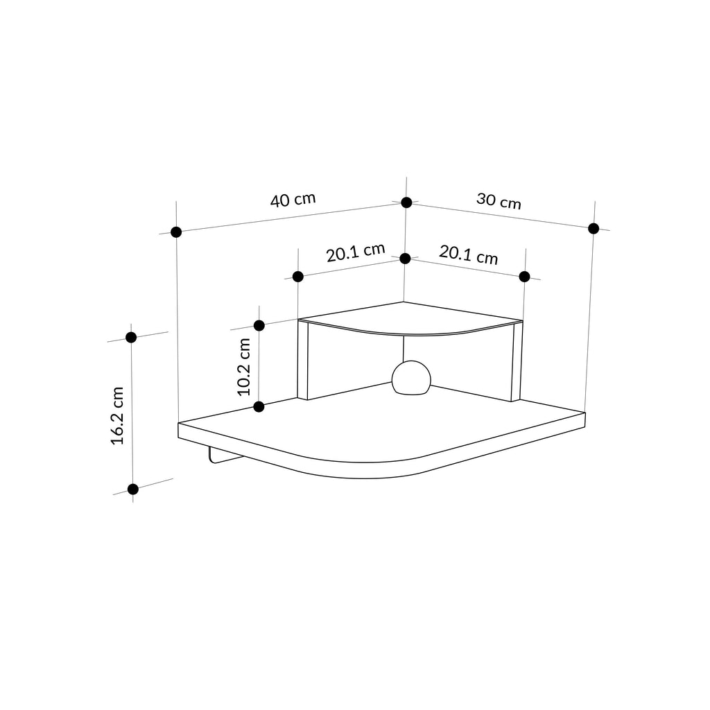Bedside shelf size diagram: 40 cm wide, 30 cm deep, 16.2 cm high