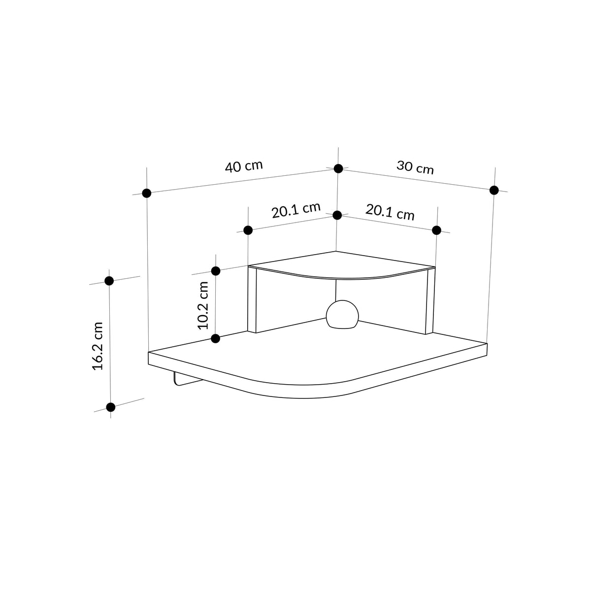 Bedside shelf size diagram: 40 cm wide, 30 cm deep, 16.2 cm high