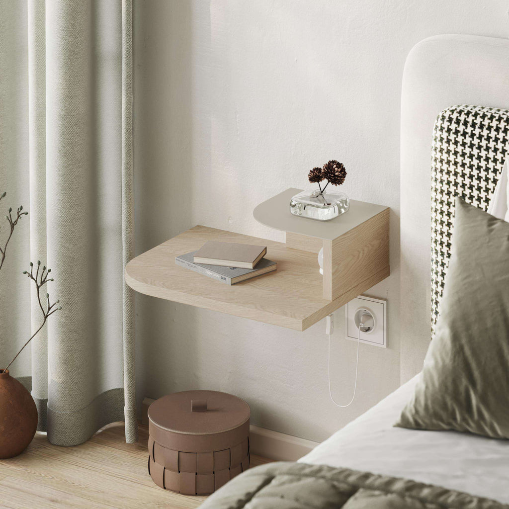 Floating bedside shelf with reading light, light oak wall-mounted unit