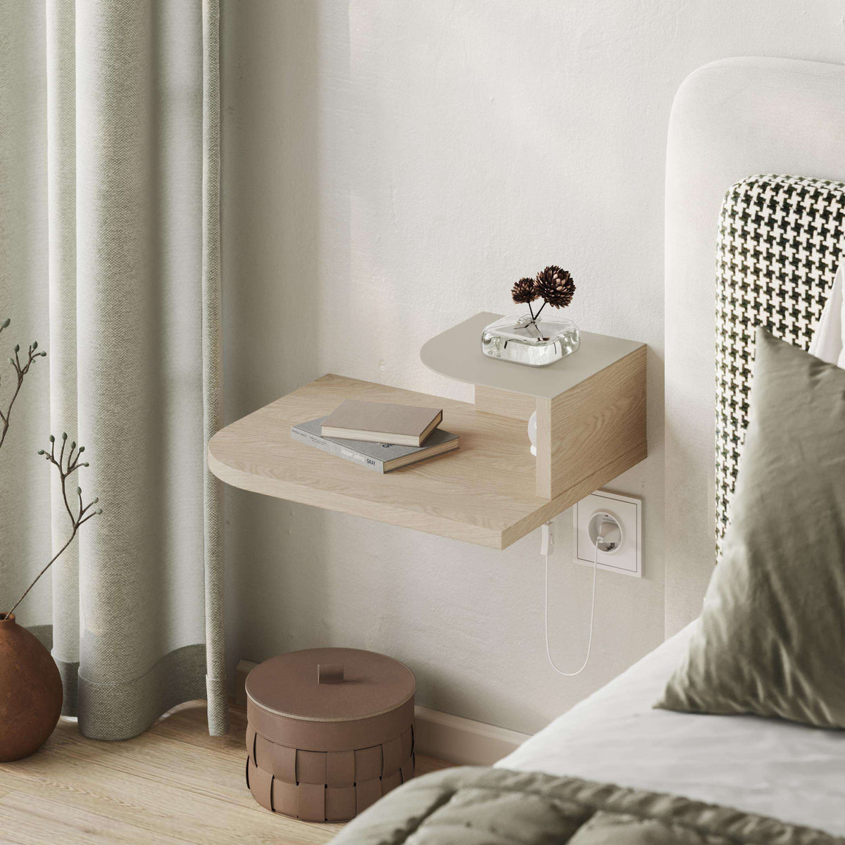 Floating bedside shelf with reading light, light oak wall-mounted unit