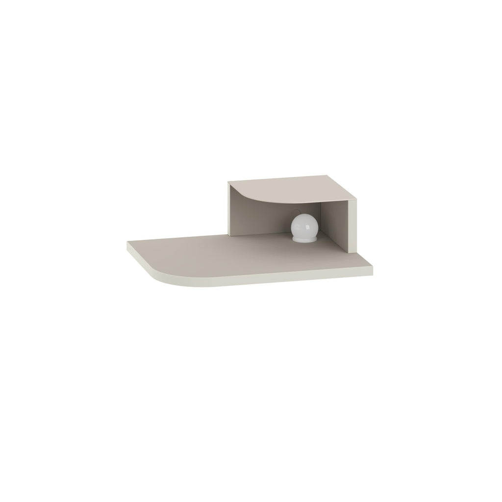 Floating bedside shelf with open niche and top shelf, light gray finish