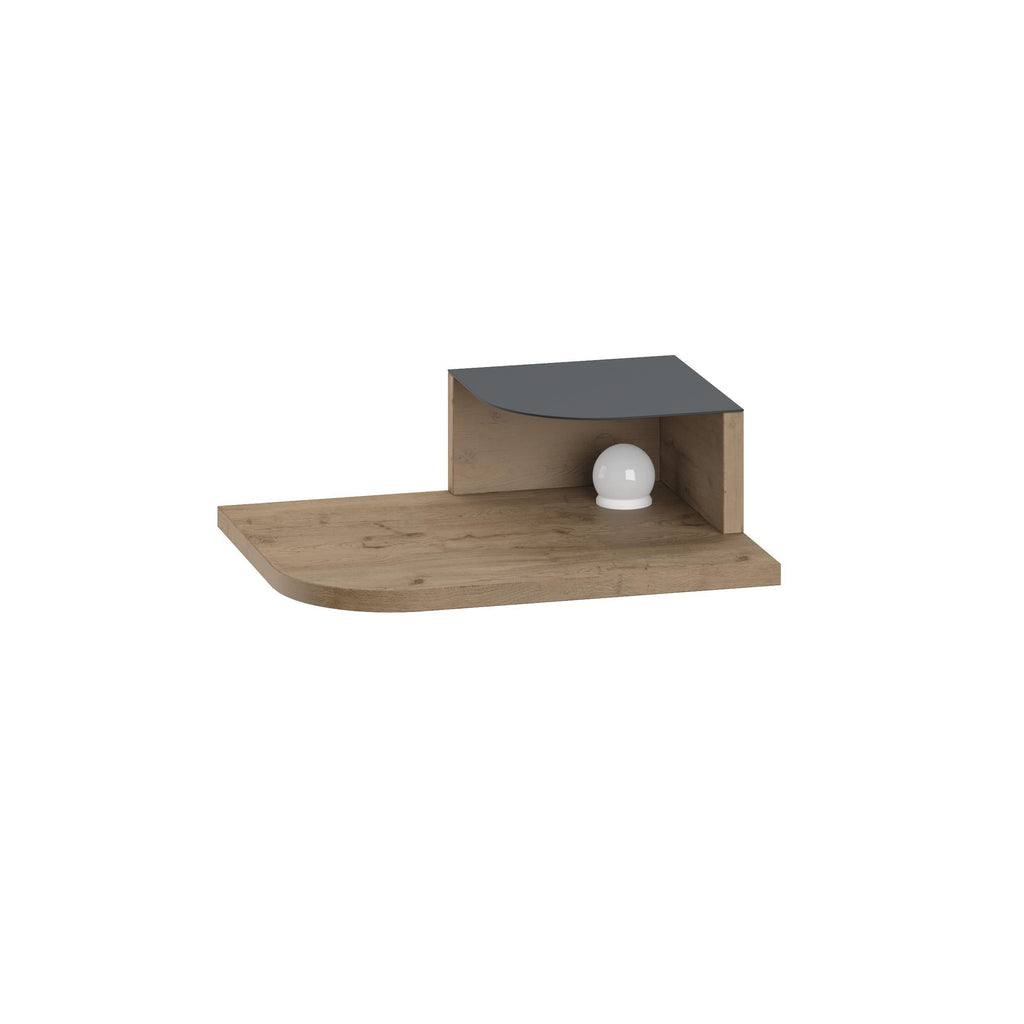 Floating bedside shelf with open niche and top shelf, dark top panel