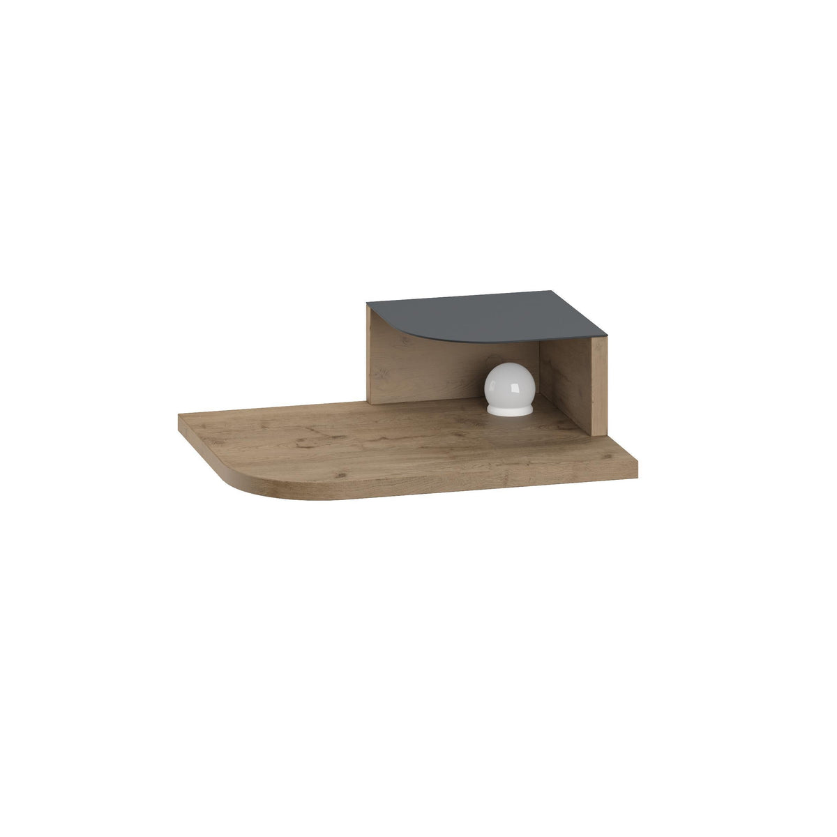 Floating bedside shelf with open niche and top shelf, dark top panel