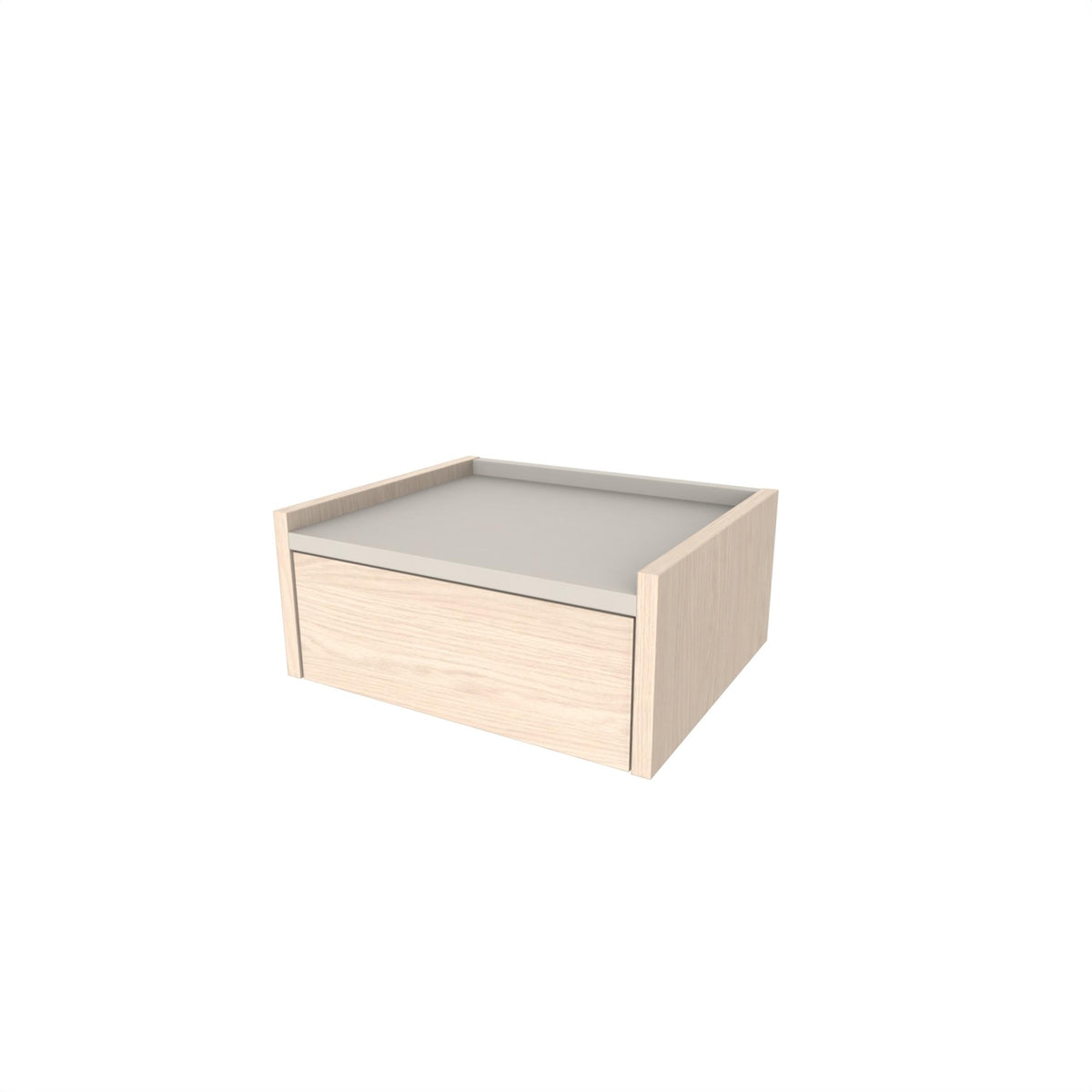 Floating bedside table with drawer and top shelf, light wood with gray top