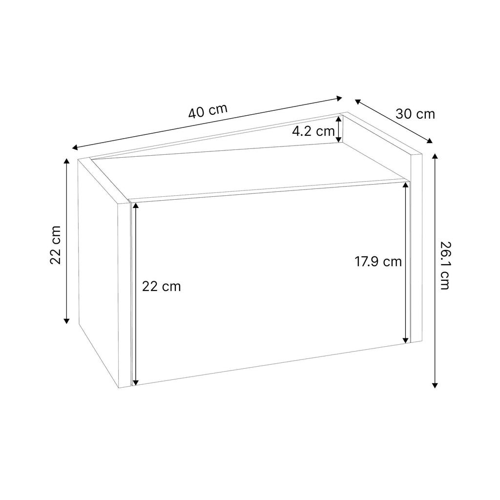 Bedside table size diagram showing top shelf and drawer measurements