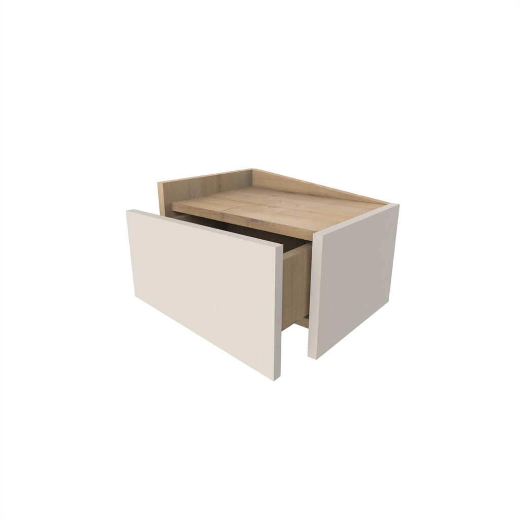 Floating bedside table with open top shelf and drawer, white frame with light wood top