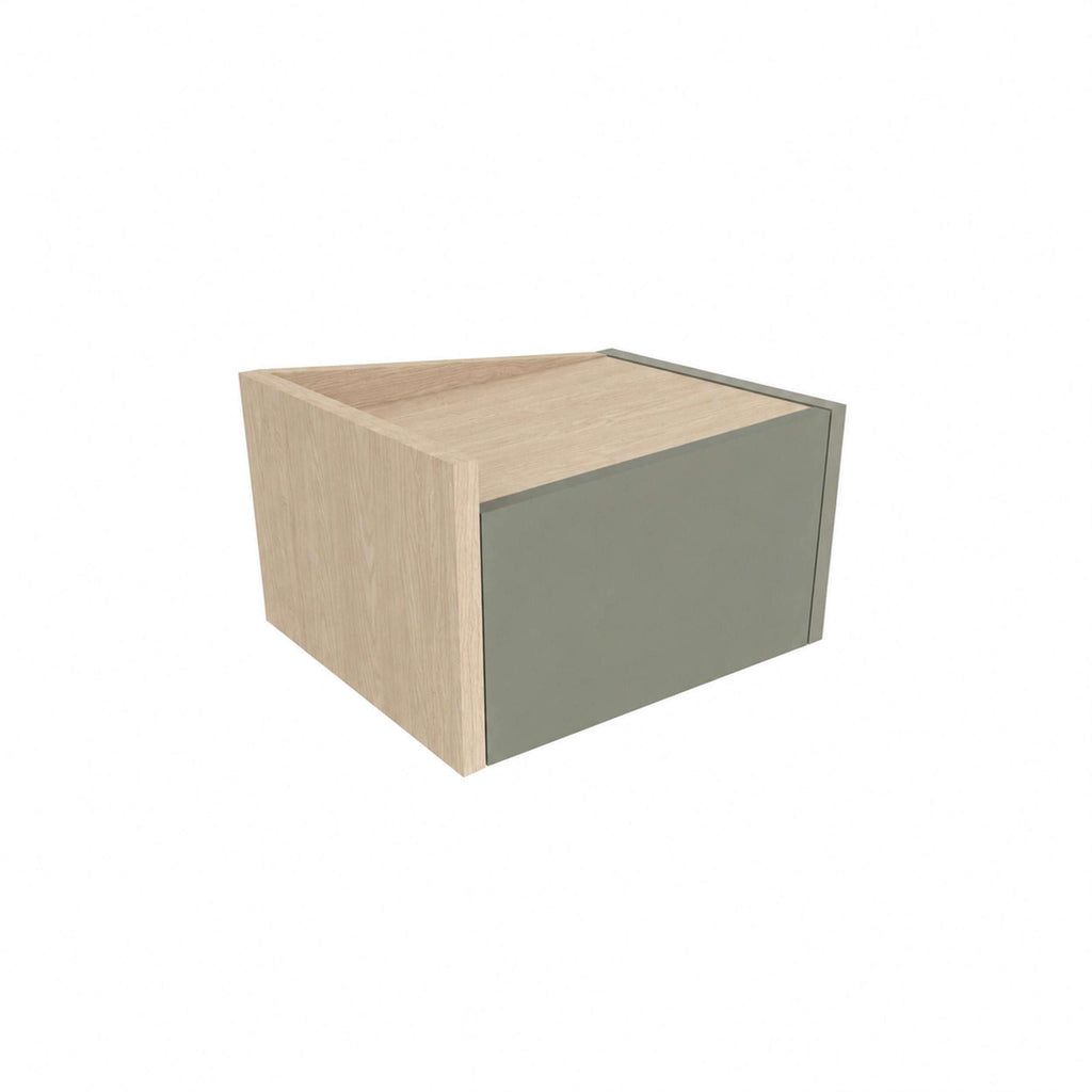 Floating bedside table with drawer and top shelf, light oak body with ash green front