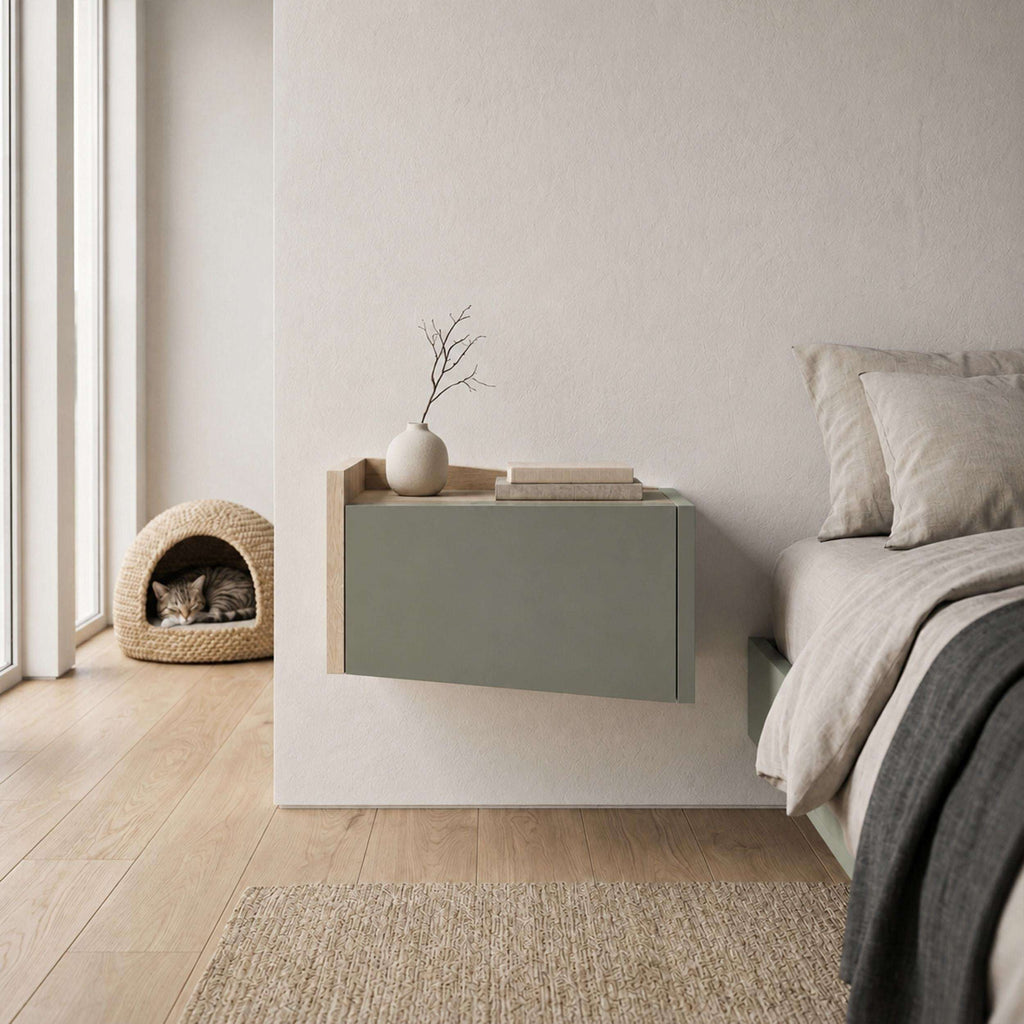 Floating bedside table with ash green drawer and top shelf, light oak frame beside bed