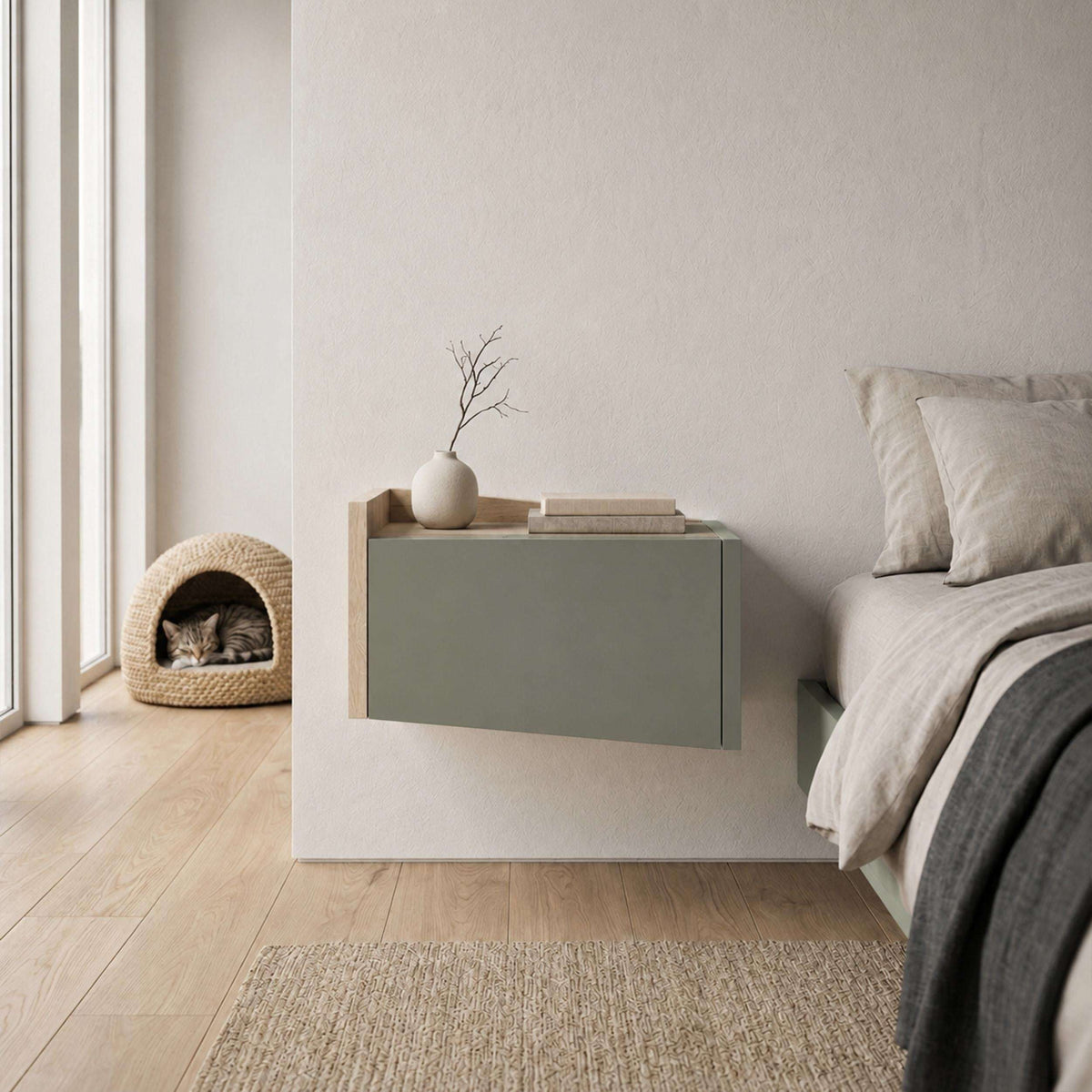 Floating bedside table with ash green drawer and top shelf, light oak frame beside bed