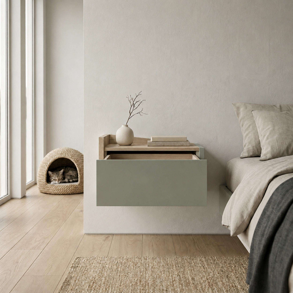 Floating bedside table with ash green drawer and open top shelf, light oak accents