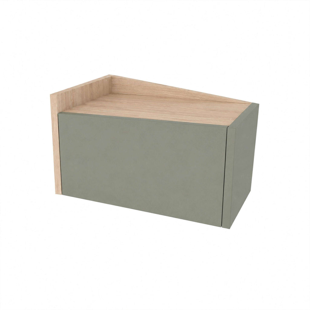Floating bedside table with drawer and top shelf, ash green drawer face, light oak frame