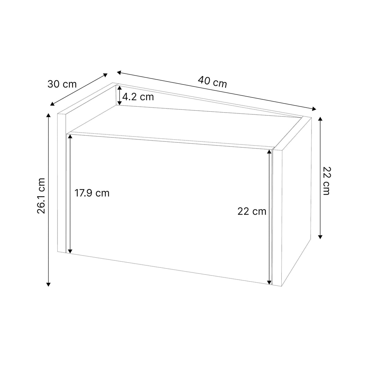 Bedside table dimensions diagram with 40 cm width, 22 cm depth, 26.1 cm height