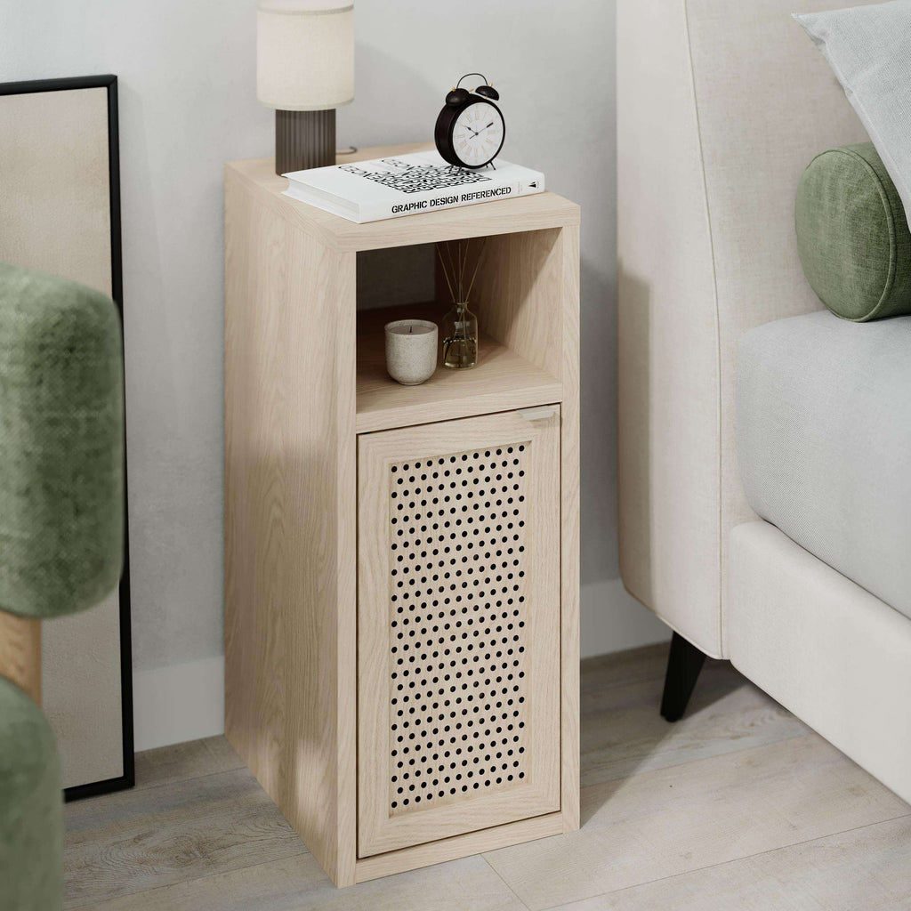 Light oak bedside table with top open shelf and perforated cabinet front