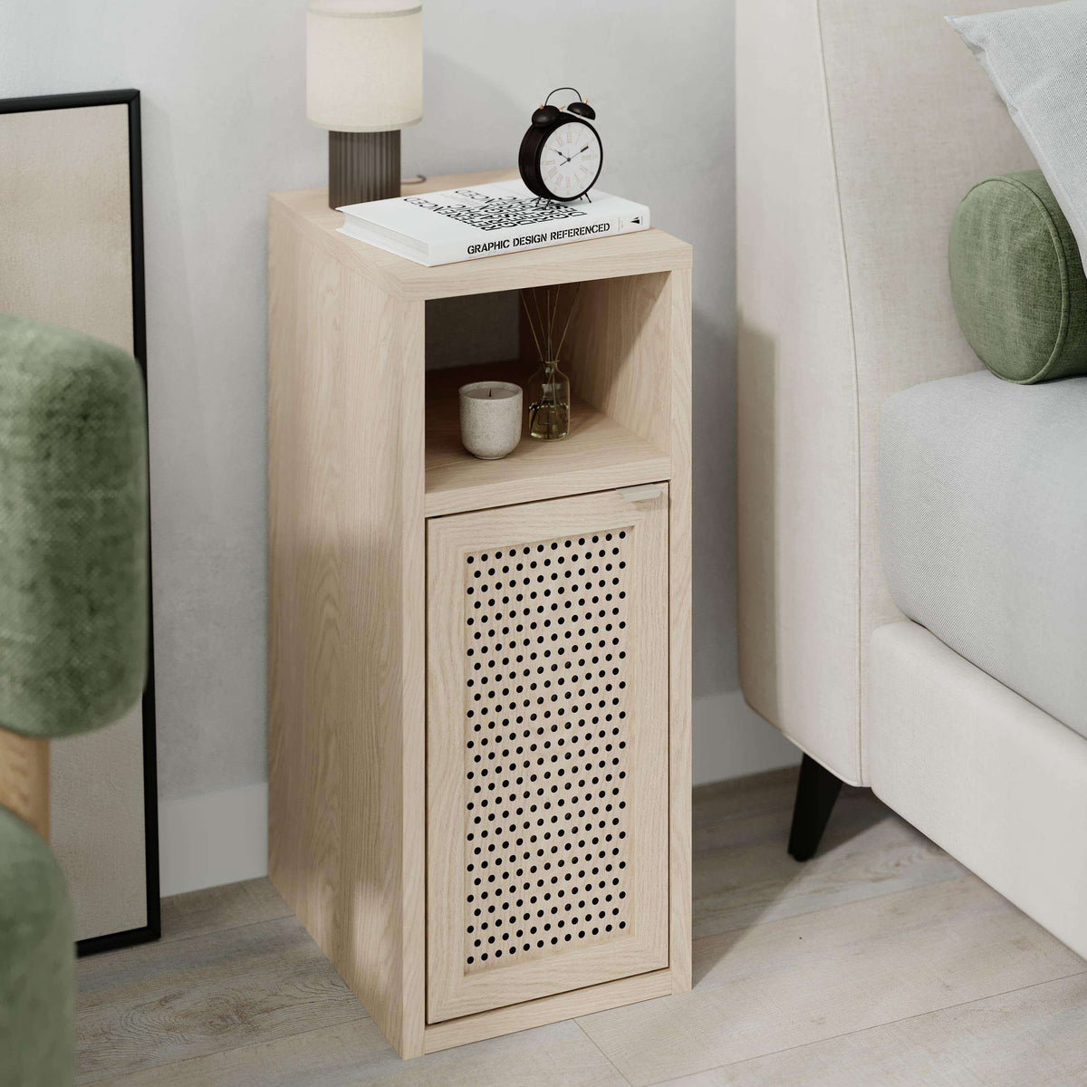 Light oak bedside table with top open shelf and perforated cabinet front