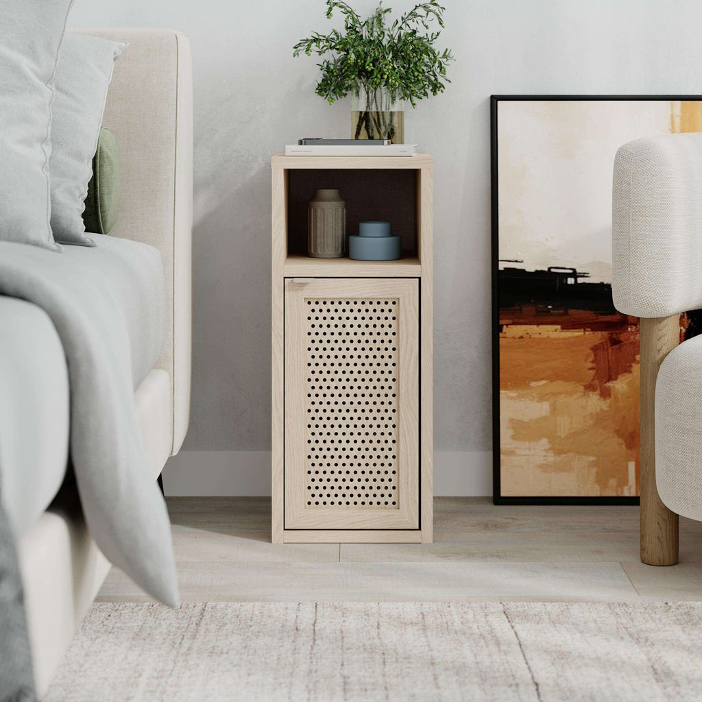 Light oak bedside table with open shelf and perforated cabinet door