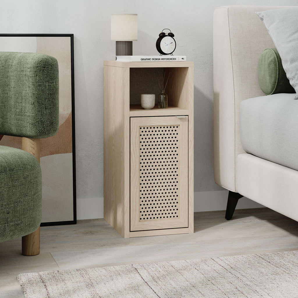 Light oak bedside table with open shelf and perforated cabinet door, straight lines