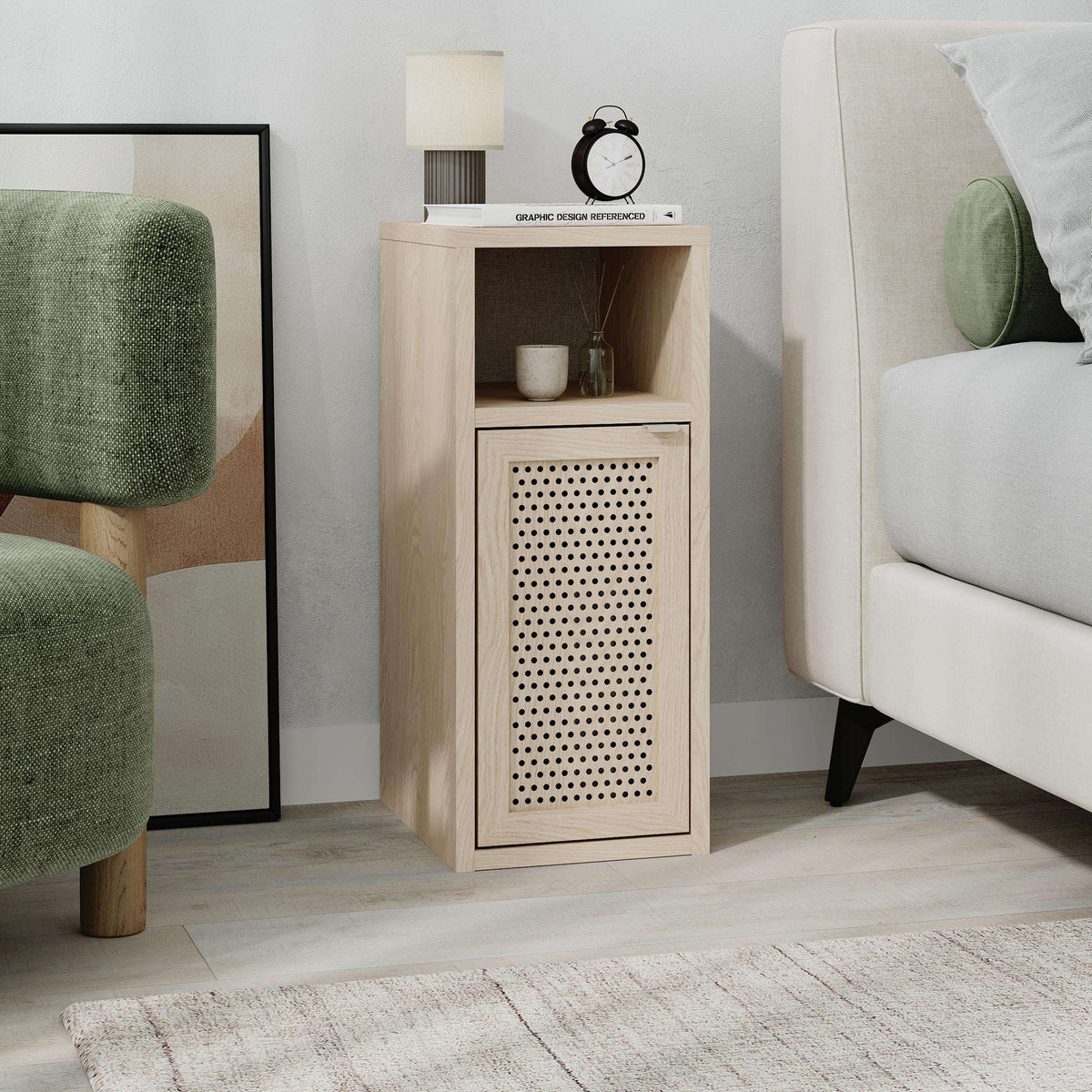 Light oak bedside table with open shelf and perforated cabinet door, straight lines